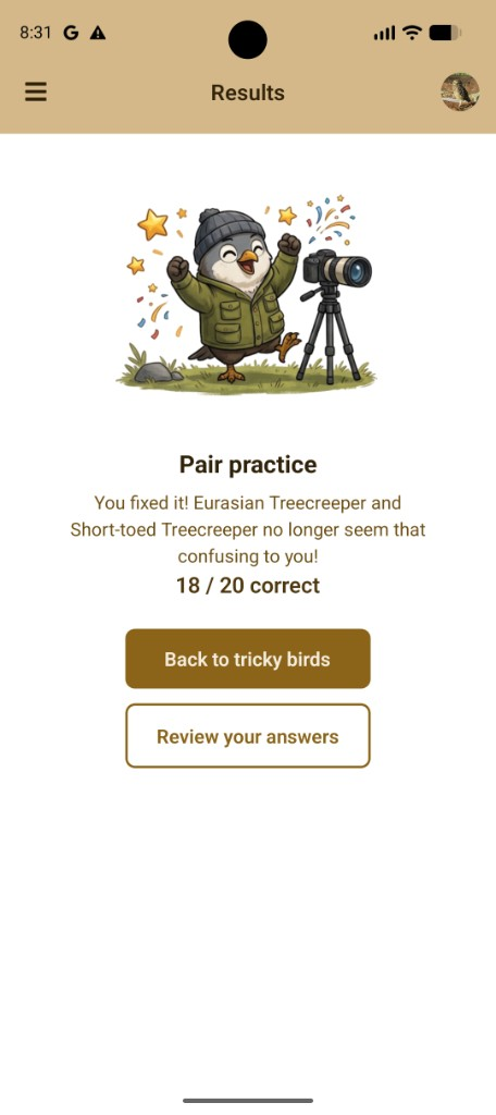 Pair practice results: 18 of 20 correct, and the treecreepers no longer seem confusing